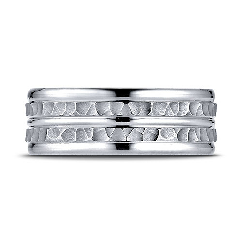 7.5mm 14K White Gold Double Hammered Center Benchmark Wedding Band Slide 1