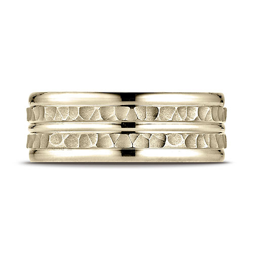 7.5mm 14K Yellow Gold Double Hammered Center Benchmark Wedding Band Slide 1