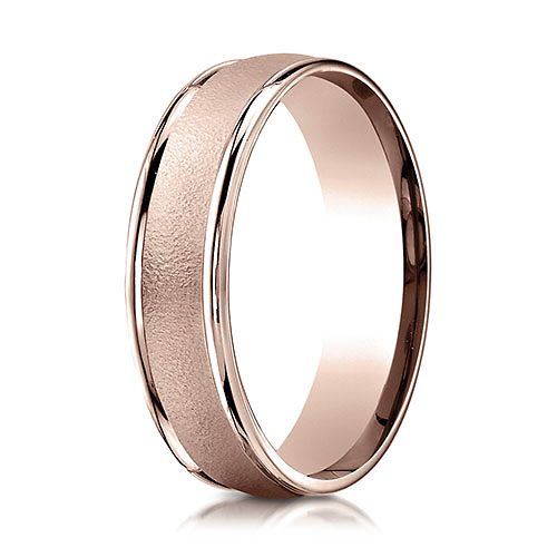 6mm Textured Center Polished Rimmed Wedding Band by Benchmark Rings in 14K Rose Gold Slide 0
