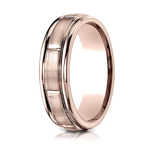 6mm Designer Raised Brick Center Wedding Band by Benchmark Rings in 14K Rose Gold Slide 0