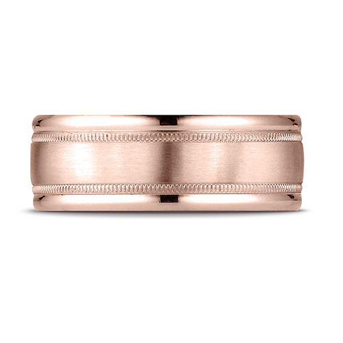 8mm Satin Center Duo Milgrain Comfort-Fit Wedding Band by Benchmark 14K Rose Gold Slide 1