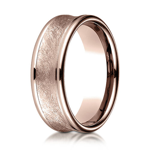 7.5mm 14K Rose Gold Swirled Brushed Concave Wedding Band by Benchmark Rings Slide 0