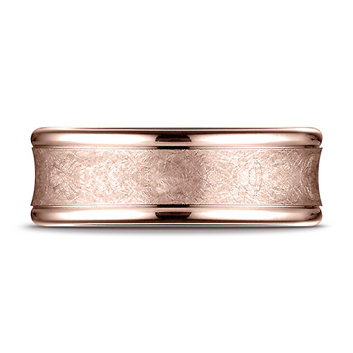 7.5mm 14K Rose Gold Swirled Brushed Concave Wedding Band by Benchmark Rings Slide 1
