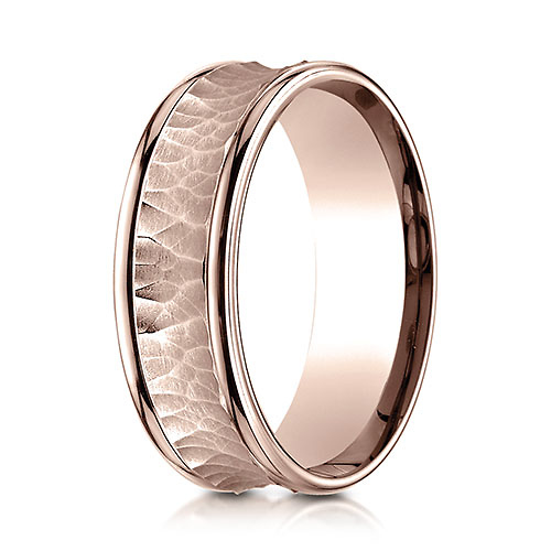 7.5mm 14K Rose Gold Hammered Concave Benchmark Wedding Band Slide 0