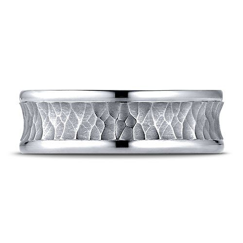 7.5mm 14K White Gold Hammered Concave Benchmark Wedding Band Slide 1