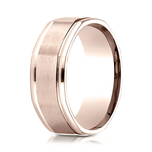 8mm Octagonal Satin Round-Edge Wedding Band by Benchmark Rings in 14K Rose Gold Slide 0
