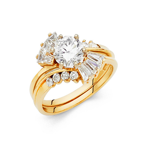 Contour Baguette & 1-CT Round-Cut CZ Engagement Ring Set in 14K White Gold Slide 0