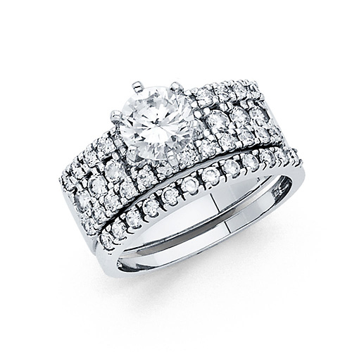 4-Row Round Fishtail & 6-Prong 1.25CT CZ Engagemetn Ring Set in 14K White Gold Slide 0