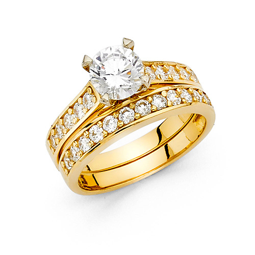 1-CT Round-Cut Cathedral & Pave Side CZ Engagement Ring in 14K Yellow Gold Slide 0