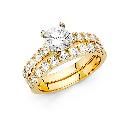1-CT Round-Cut & Fishtail Side CZ Engagement Ring Set in 14K Yellow Gold Slide 0