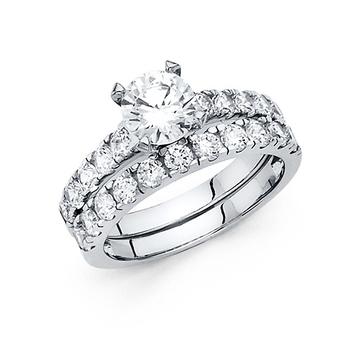 1-CT Round-Cut & Fishtail Side CZ Engagement Ring Set in 14K White Gold Slide 0