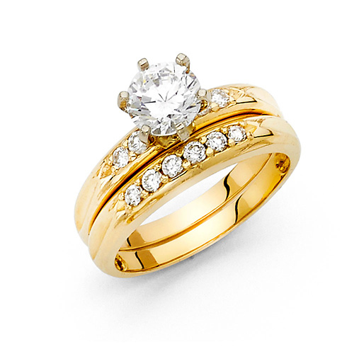 14K Yellow Gold Round CZ Wedding Ring Set Slide 0