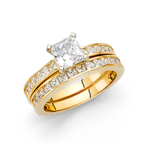 4-Prong Princess-Cut & Channel Side 1.25CT CZ Wedding Ring Set in 14K Yellow Gold Slide 0