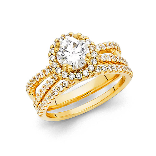 Reverse Split Shank Pave Halo 1-CT Round CZ Wedding Ring Set in 14K Yellow Gold Slide 0