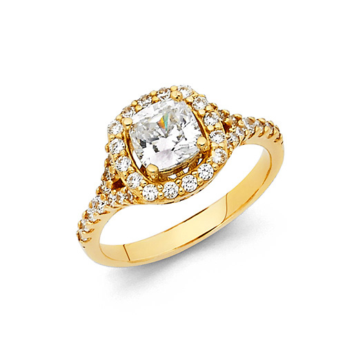 Halo 1.25CT Cushion-Cut Split Shank & Scalloped Sides CZ Wedding Ring in 14K Yellow Gold Slide 0