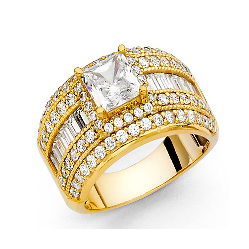 Halo 1.25CT Princess-Cut with Baguette & Round-Cut CZ Wedding Ring in 14K Yellow Gold Slide 0