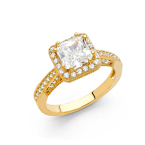 1.75 CT Princess-Cut Halo & Round Pave Side CZ Wedding Ring in 14K Yellow Gold Slide 0