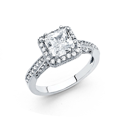 1.75 CT Princess-Cut Halo & Round Pave Side CZ Wedding Ring in 14K White Gold Slide 0
