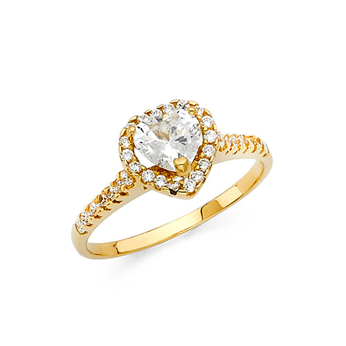 Heart-Cut Halo & Scalloped Side CZ Engagement Ring in 14K Yellow Gold Slide 0