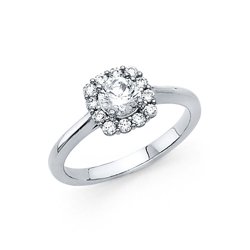 Round Halo Double-Prong Cathedral CZ Wedding Ring in 14K White Gold Slide 0