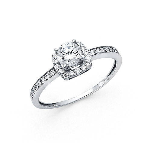 High 4-Prong Round Halo & Pave Sides CZ Wedding Ring in 14K White Gold Slide 0