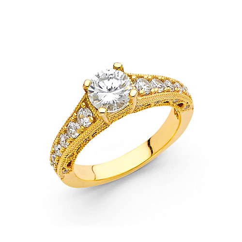 4-Prong Round Basket-Set & Pave Side CZ Wedding Ring in 14K Yellow Gold Slide 0