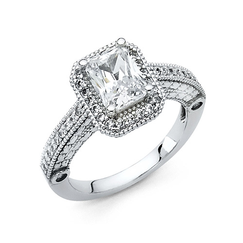 Vintage Halo 1.5-CT Radiant-Cut & Pave Round Side CZ Engagement Ring in 14K White Gold Slide 0