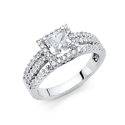 3-Row Scalloped Split Shank Side Halo Princess-Cut CZ Wedding Ring in 14K White Gold Slide 0