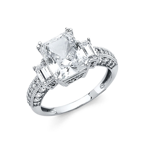 3-Stone Basket-Set 3CT Radiant-Cut & Pave Side CZ Engagement Ring in 14K White Gold Slide 0