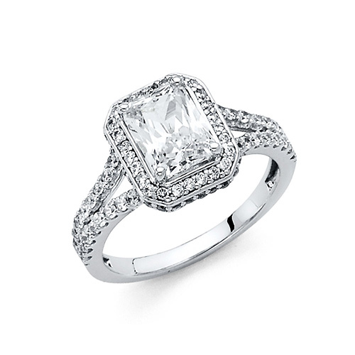 Scalloped Split Shank 1.75-CT Radiant-Cut Halo CZ Engagement Ring in 14K White Gold Slide 0