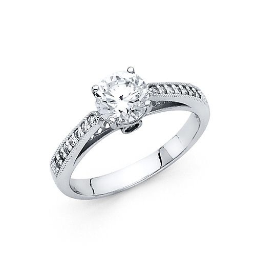 1-CT Cathedral Round-Cut & Pave Side Stones CZ Wedding Ring in 14K White Gold Slide 0