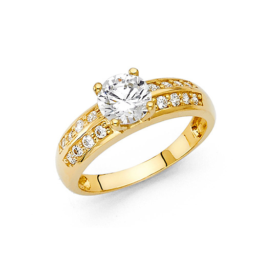 1-CT Round-Cut Prong-Set & 2 Row Pave side stones CZ Wedding Ring in 14K Yellow Gold Slide 0