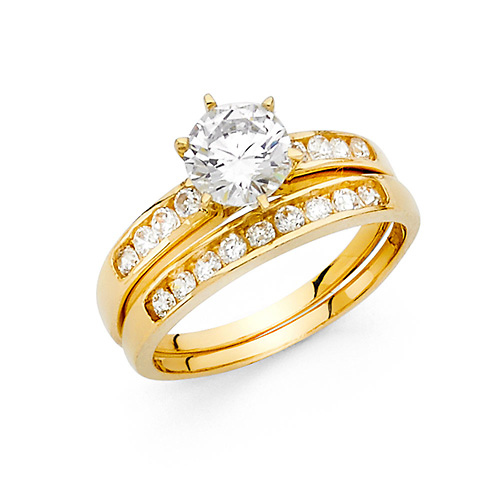 6-Prong Round & Channel-Set 1-CT CZ Engagement Ring Set in 14K Yellow Gold Slide 0