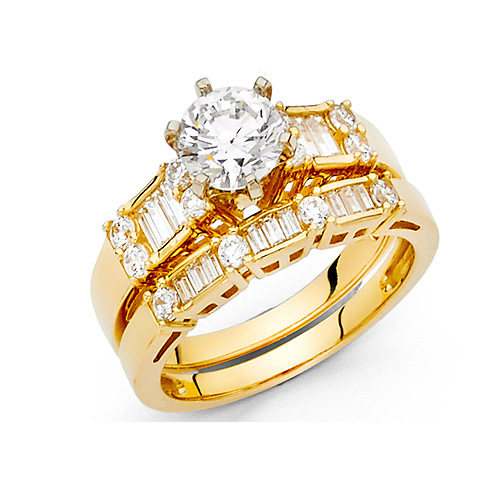 6-Prong Round & Baguette 1.25CT Wedding Ring Set in 14K Yellow Gold Slide 0