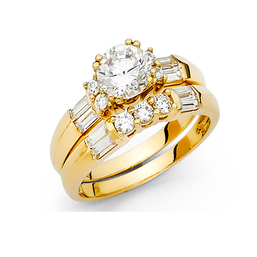 Double-Prong Round & Bar-Set CZ Engagement Ring Set in 14K Yellow Gold Slide 0