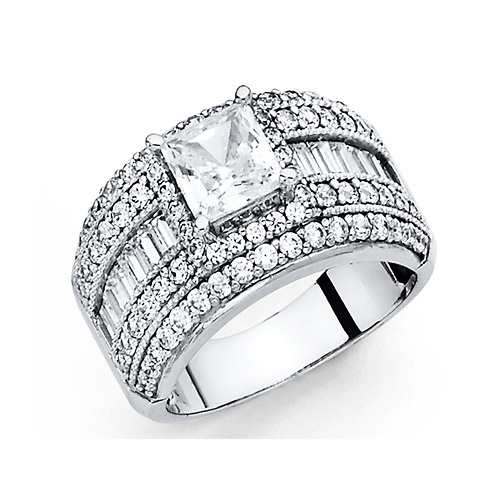 Halo 1.25CT Princess-Cut with Baguette & Round-Cut CZ Wedding Ring in 14K White Gold Slide 0