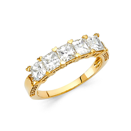 4mm 5-Stone Basket Heart-Prong  Princess-Cut CZ Wedding Band in 14K Yellow Gold Slide 0