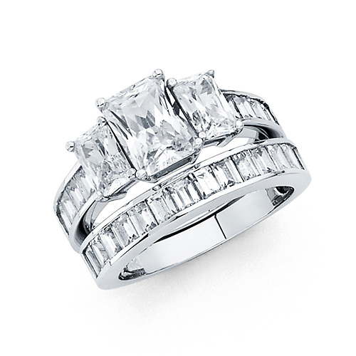 3-Stone 1.5CT Radiant-Cut Basket & Channel Side CZ Wedding Ring Set in 14K White Gold Slide 0