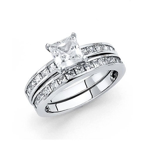 4-Prong Princess-Cut & Channel Side 1.25CT CZ Wedding Ring Set in 14K White Gold Slide 0