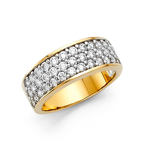 3-Row Pave Round-Cut Two-Tone Cubic Zirconia Wedding Band in 14K Yellow Gold Slide 0