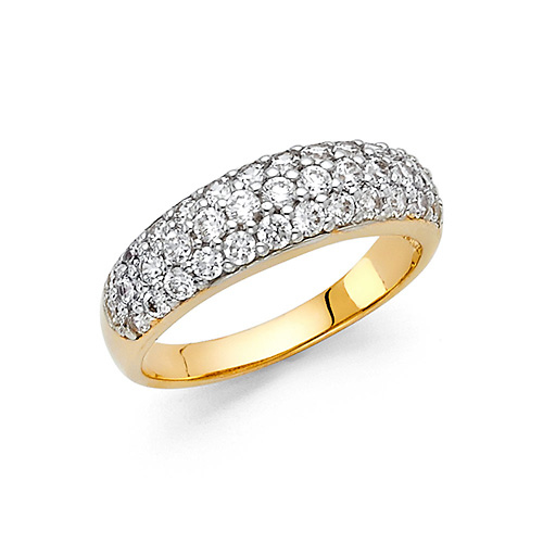 3-Row Pave Round-Cut Dome Two Tone Wedding Band in 14K Yellow Gold Slide 0