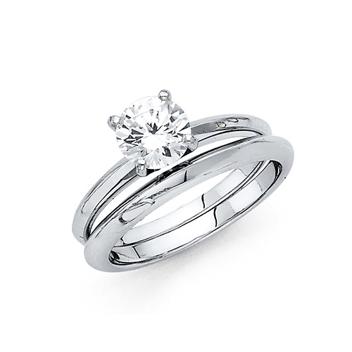 1CT 4-Prong Round-Cut Knife-Edge CZ Engagement Ring Set in 14K White Gold Slide 0
