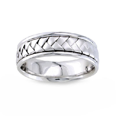 7mm Handmade Woven Flat Braided Men's Wedding Band - 14K White Gold Slide 0