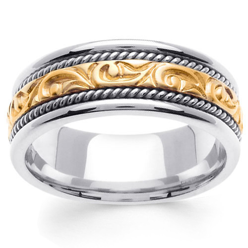 14K Two Tone Gold Ivy Carved Wedding Band Slide 0