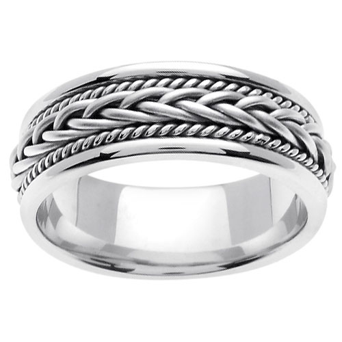 7mm Woven Cord Raised Braided Men's Wedding Band - 14K White Gold Slide 0