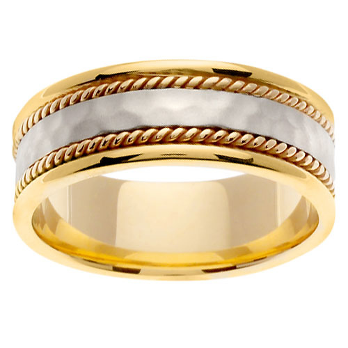 8mm Rope & Hammer Finish 14K Two Tone Gold Wedding Ring Slide 0