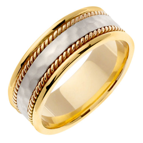 8mm Rope & Hammer Finish 14K Two Tone Gold Wedding Ring Slide 1