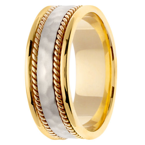8mm Rope & Hammer Finish 14K Two Tone Gold Wedding Ring Slide 2