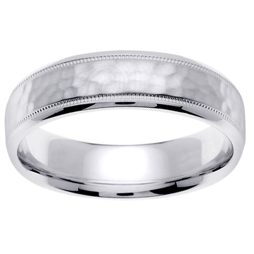 14K White Gold 6mm Milgrain Hammered Wedding Band Slide 0