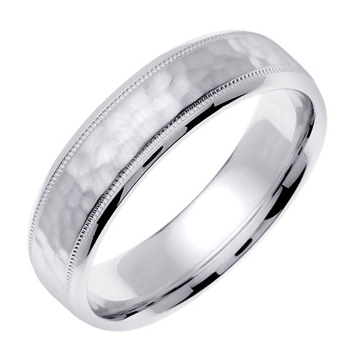14K White Gold 6mm Milgrain Hammered Wedding Band Slide 1